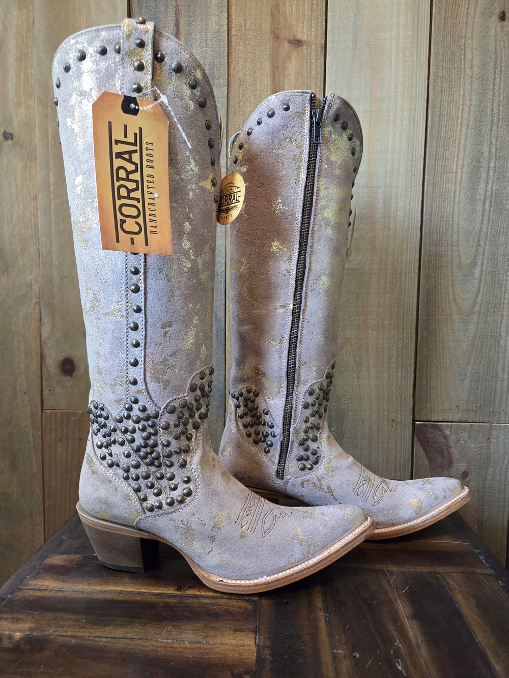 Corral Brand Studded Tall Cowboy Boots in Dusty Taupe with Gold Accents